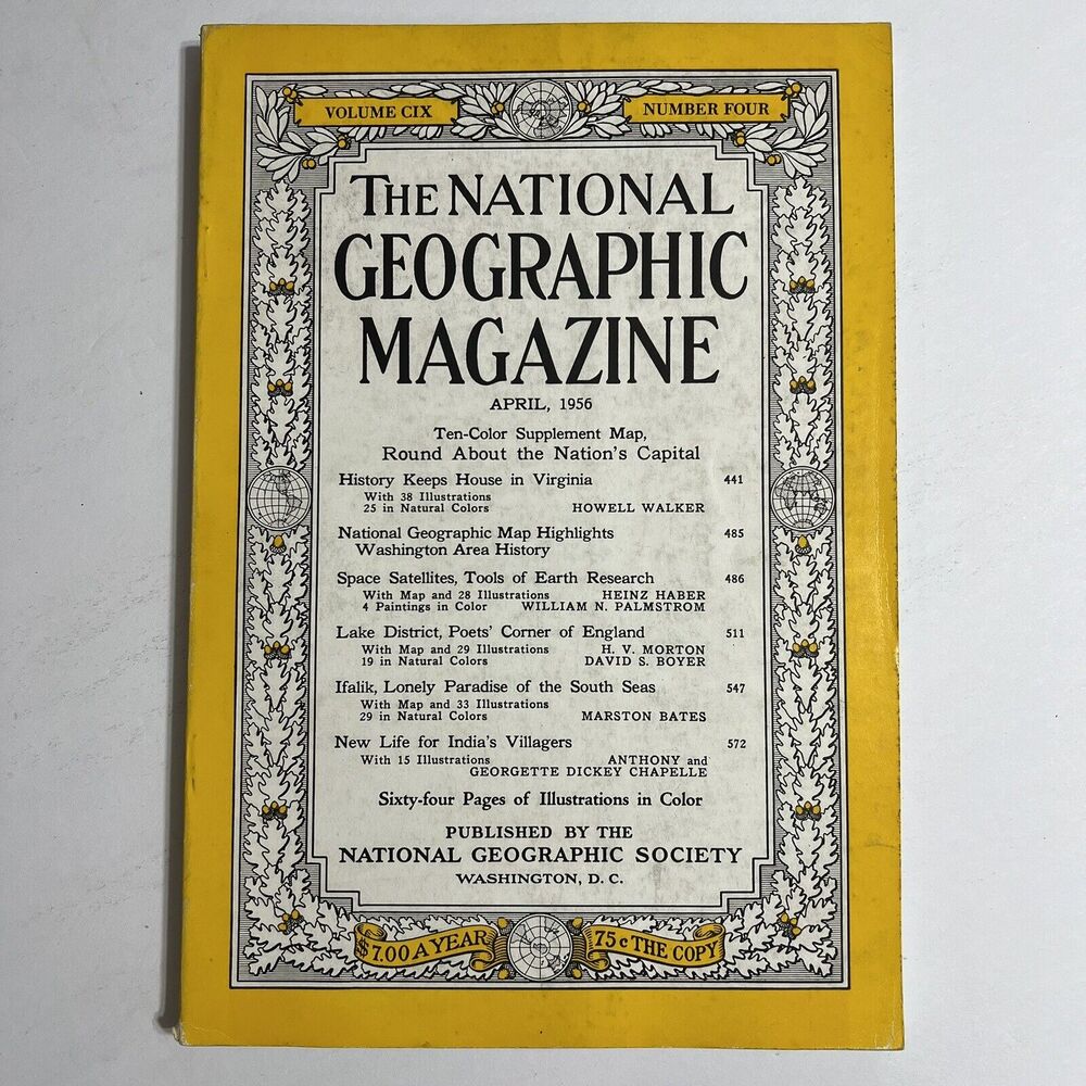 Vintage National Geographic April 1956 Space Satellites India Lake Dist Ifalik